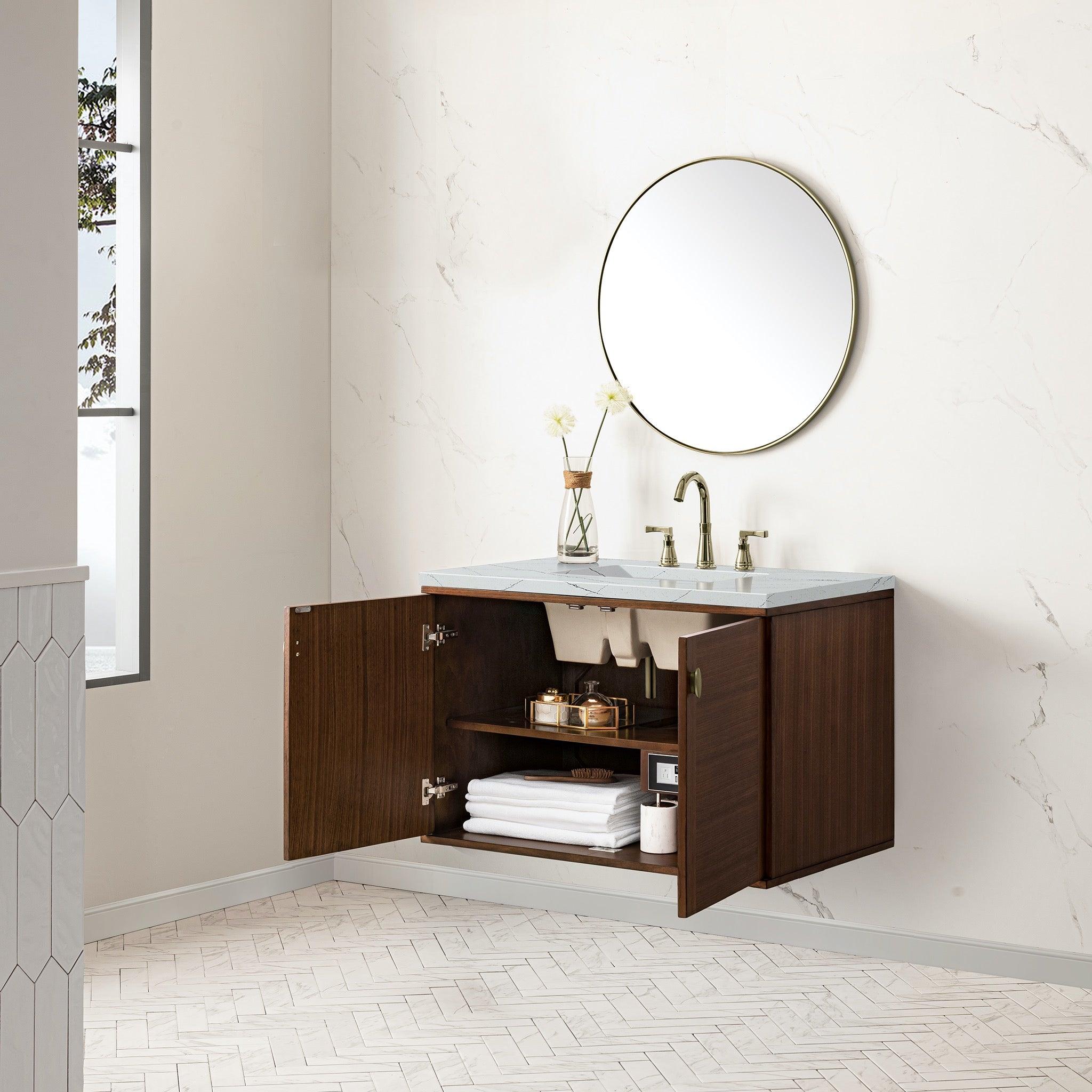 Amberly 36 inch vanity antique walnut floating with ethereal noctis quartz countertop open