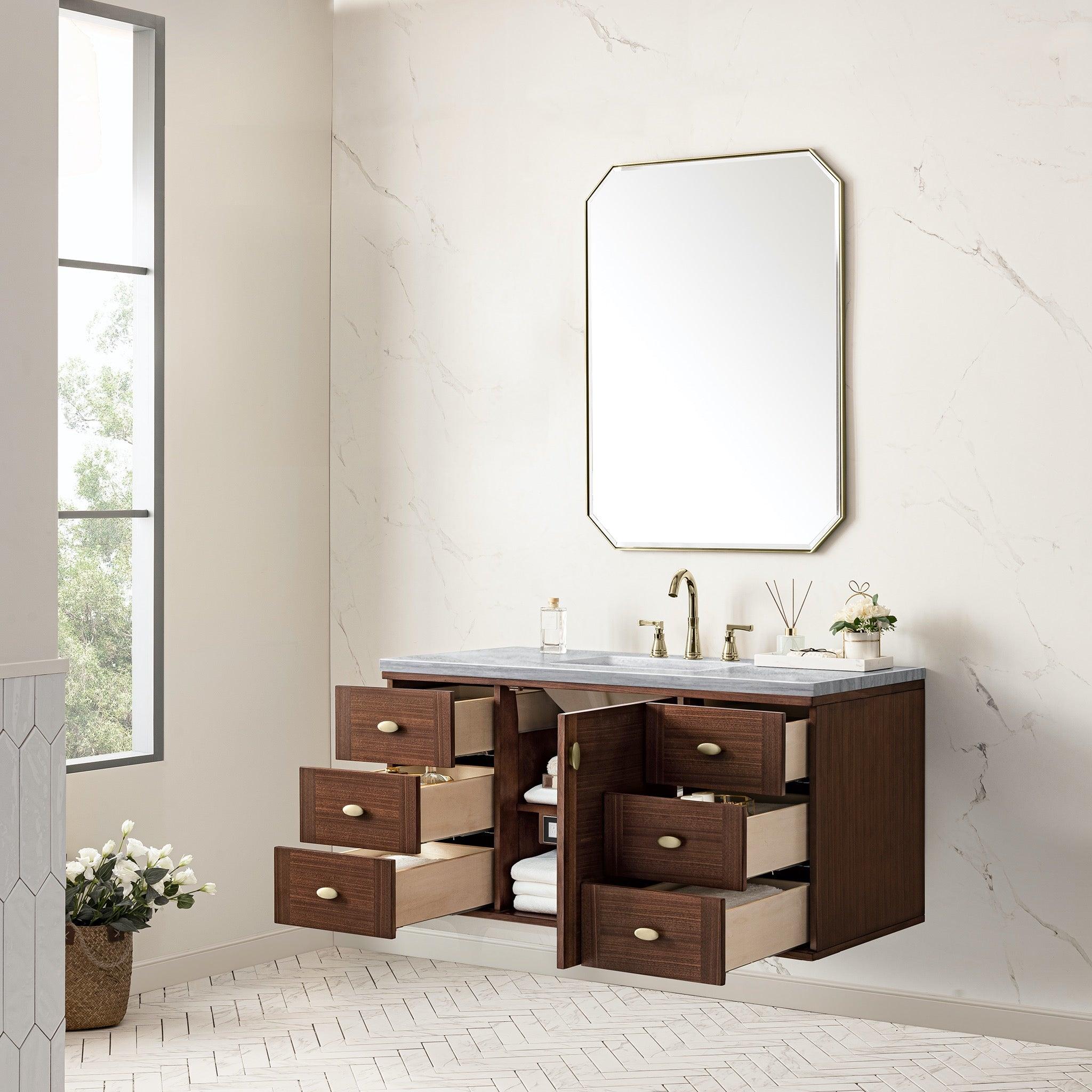 JMV Amberly 48 inch vanity antique walnut with arctic fall solid surface countertop open view