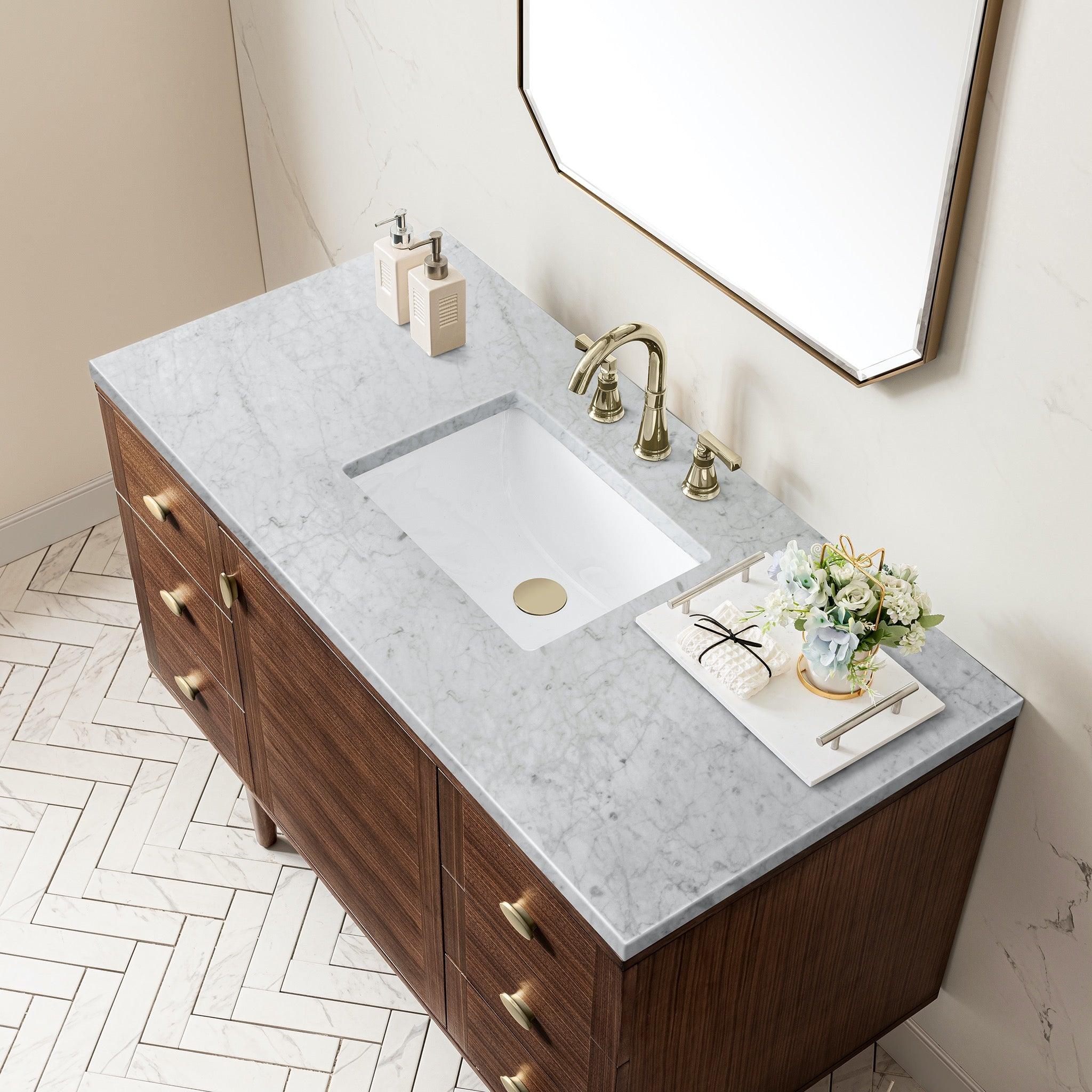 JMV Amberly 48 inch vanity antique walnut with white carrara marble countertop