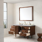 JMV Amberly 60 inch vanity antique walnut with arctic fall solid surface countertop open drawers