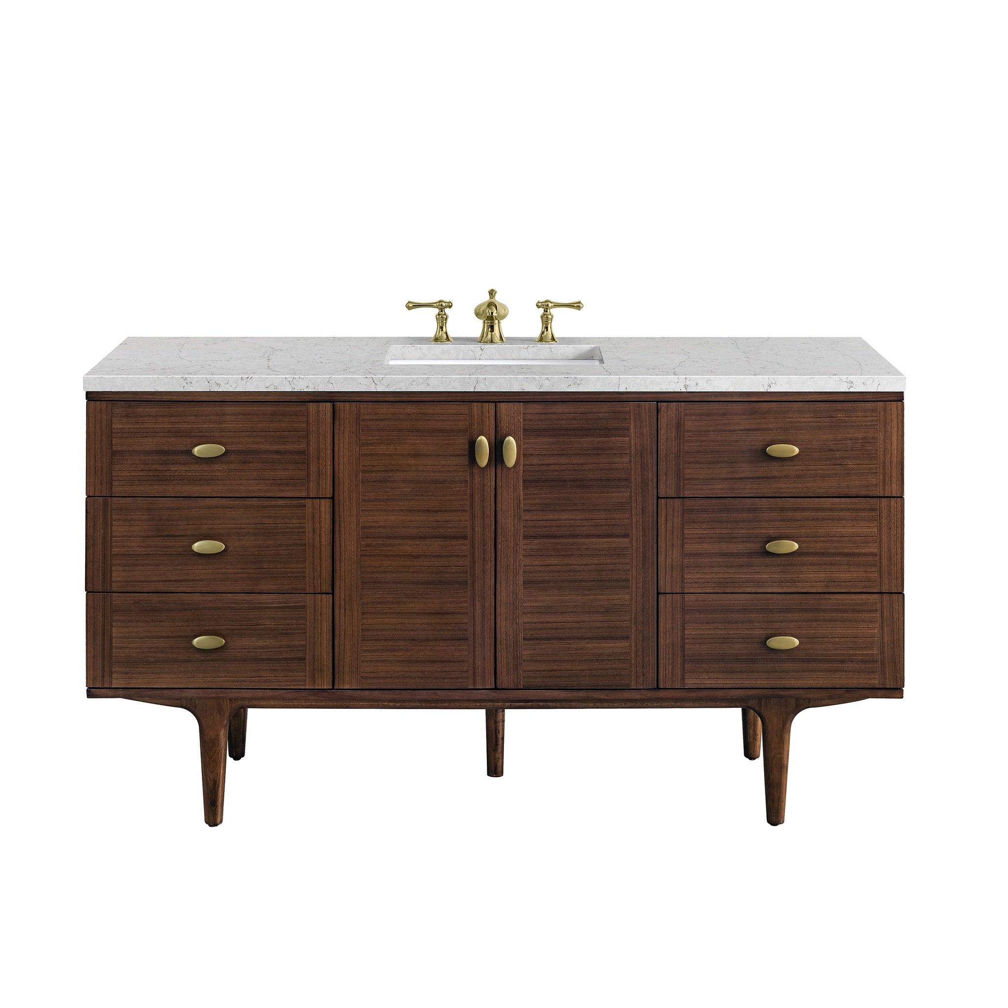 JMV Amberly 60 inch vanity antique walnut with eternal jasmine pearl quartz countertop