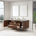 JMV Amberly 72 inch floating vanity antique walnut with arctic fall solid surface countertop open view