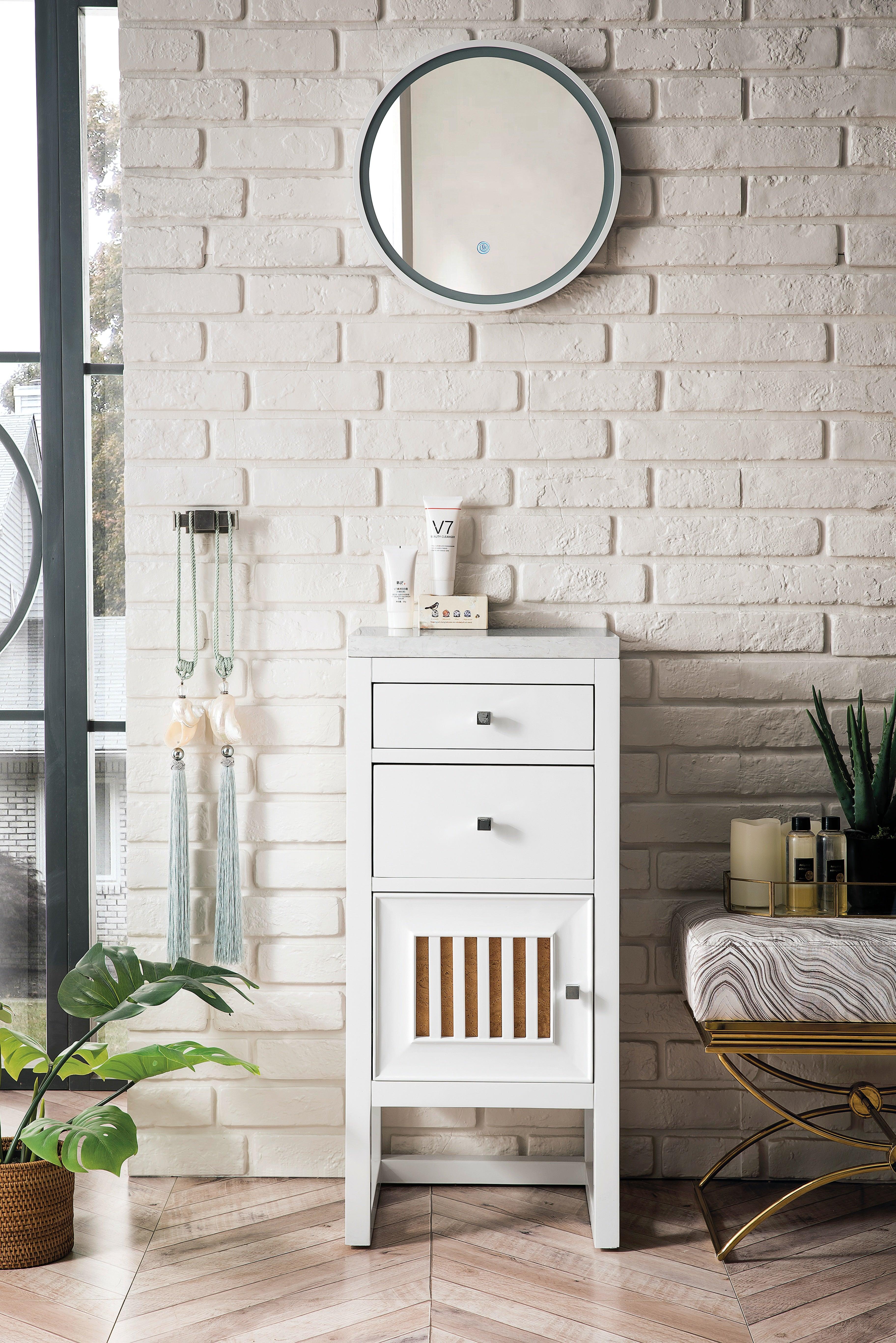 JMV Athens 15 inch left base cabinet glossy white with arctic fall countertop