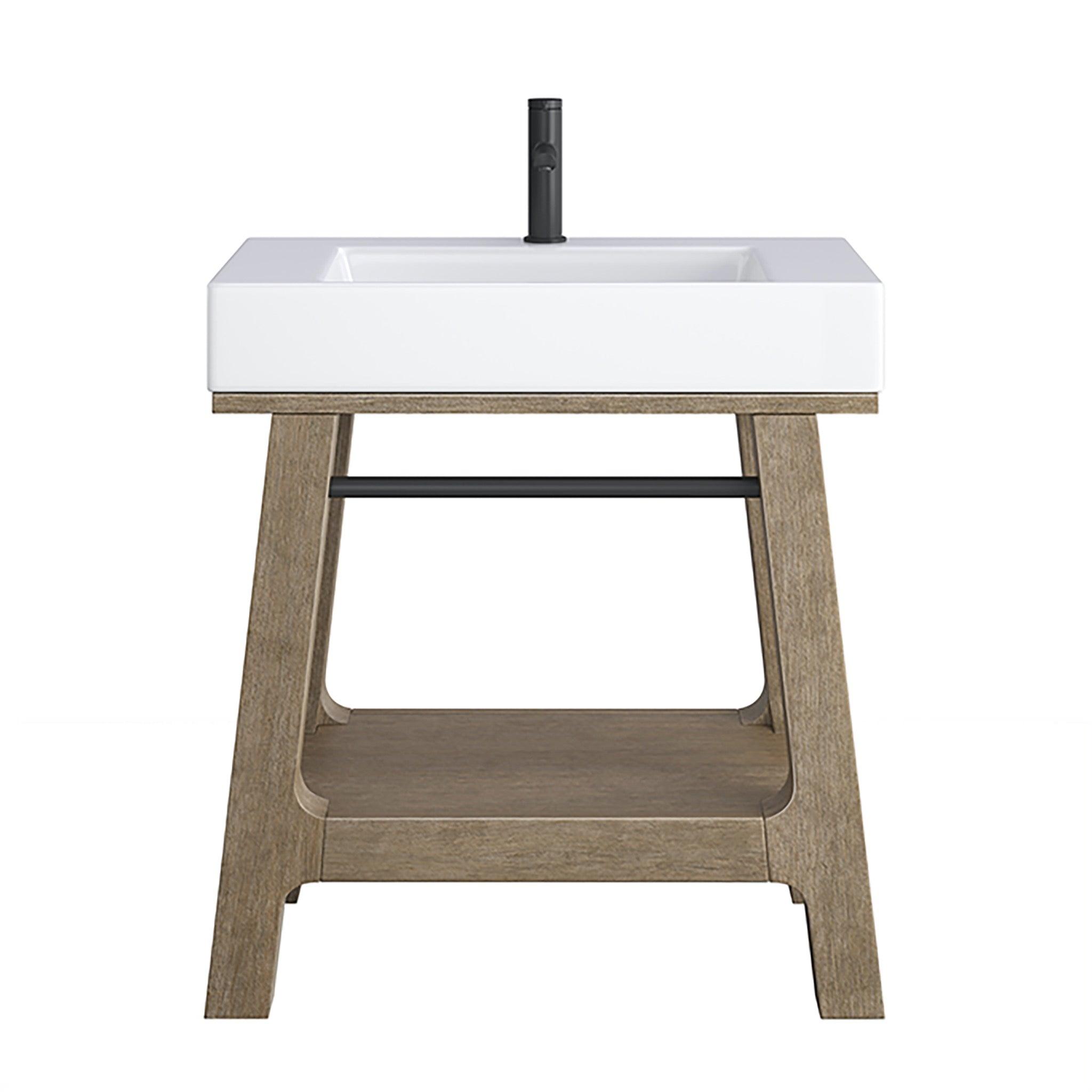 JMV Auburn 31.5 inch single console weathered timber with white glossy composite stone countertop