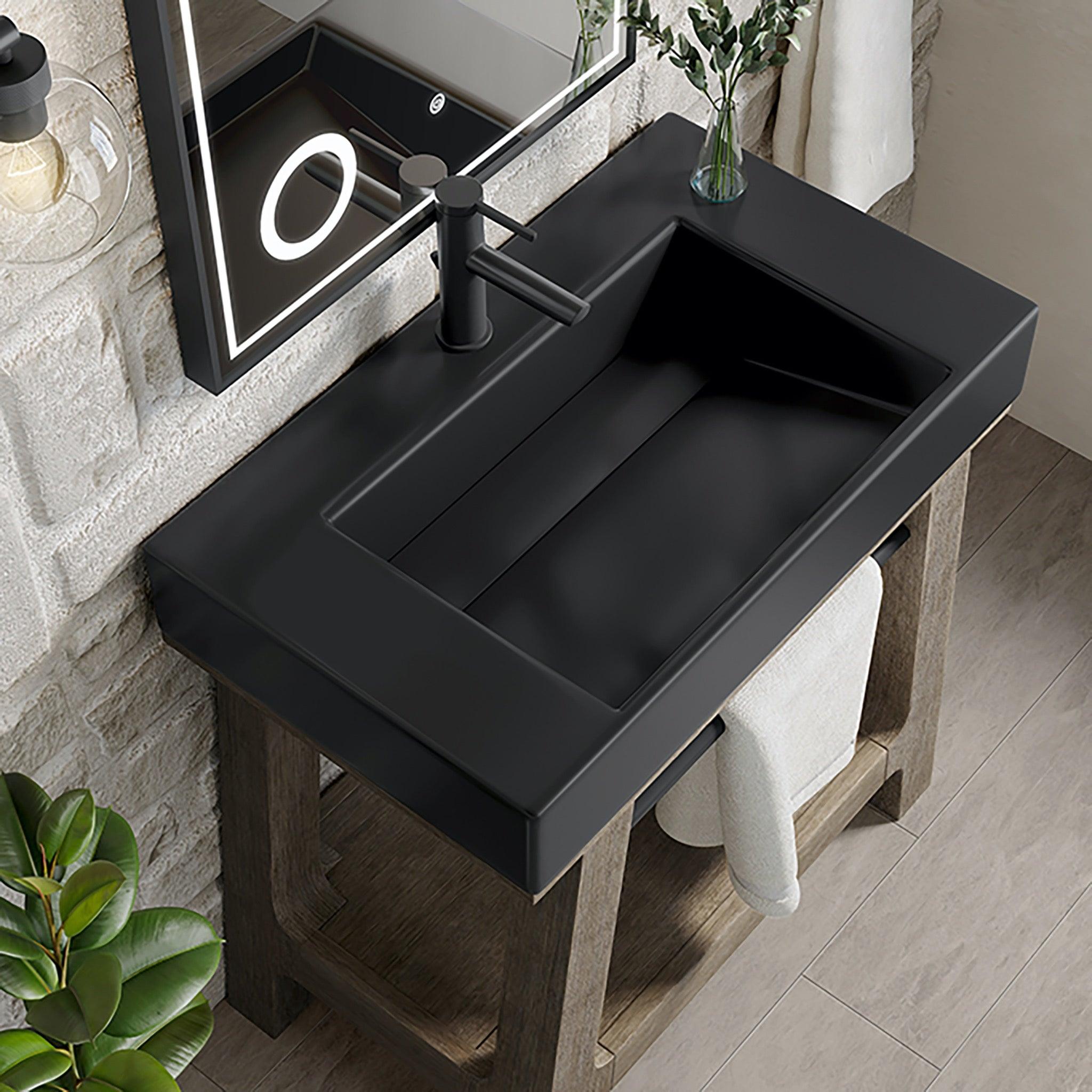 JMV Auburn 31.5 inch single console weathered timber with matte black composite stone countertop top view