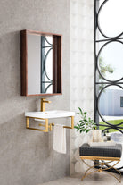 JMV Boston floating sink console radiant gold with glossy white composite stone countertop