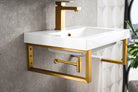 JMV Boston 20 inch floating sink console radiant gold with glossy white composite stone countertop side view