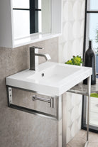 JMV Boston 20 inch floating sink console brushed nickel with glossy white composite stone countertop side view