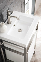 JMV Boston sink console brushed nickel base with glossy white storage cabinet with glossy white composite stone countertop top view