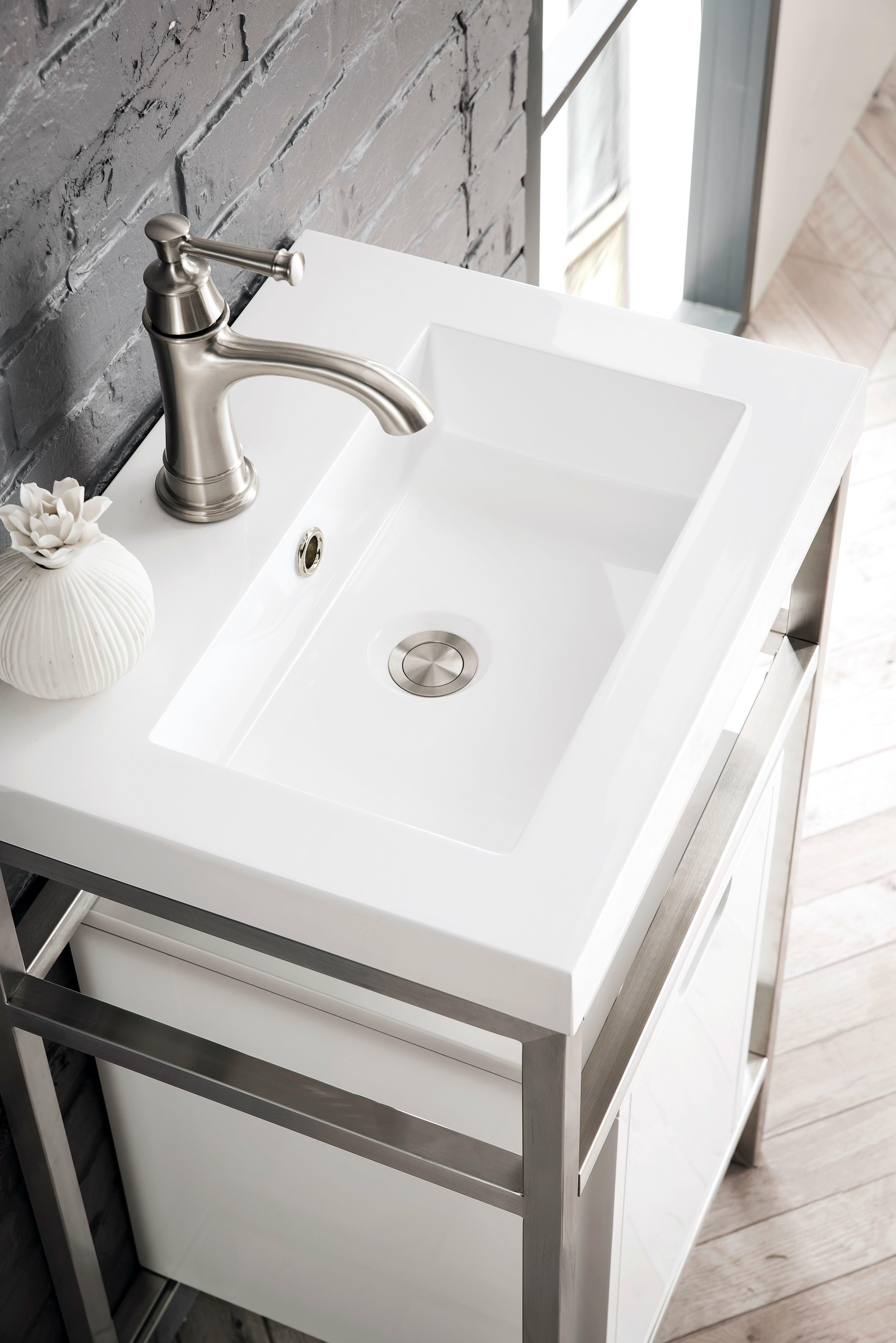 JMV Boston sink console brushed nickel base with glossy white storage cabinet with glossy white composite stone countertop top view