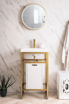 JMV Boston 20 inch sink console radiant gold base with glossy white storage cabinet with glossy white composite stone countertop lifestyle