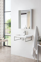 JMV Boston 23.6 inch floating sink console brushed nickel with white composite stone countertop lifestyle side view