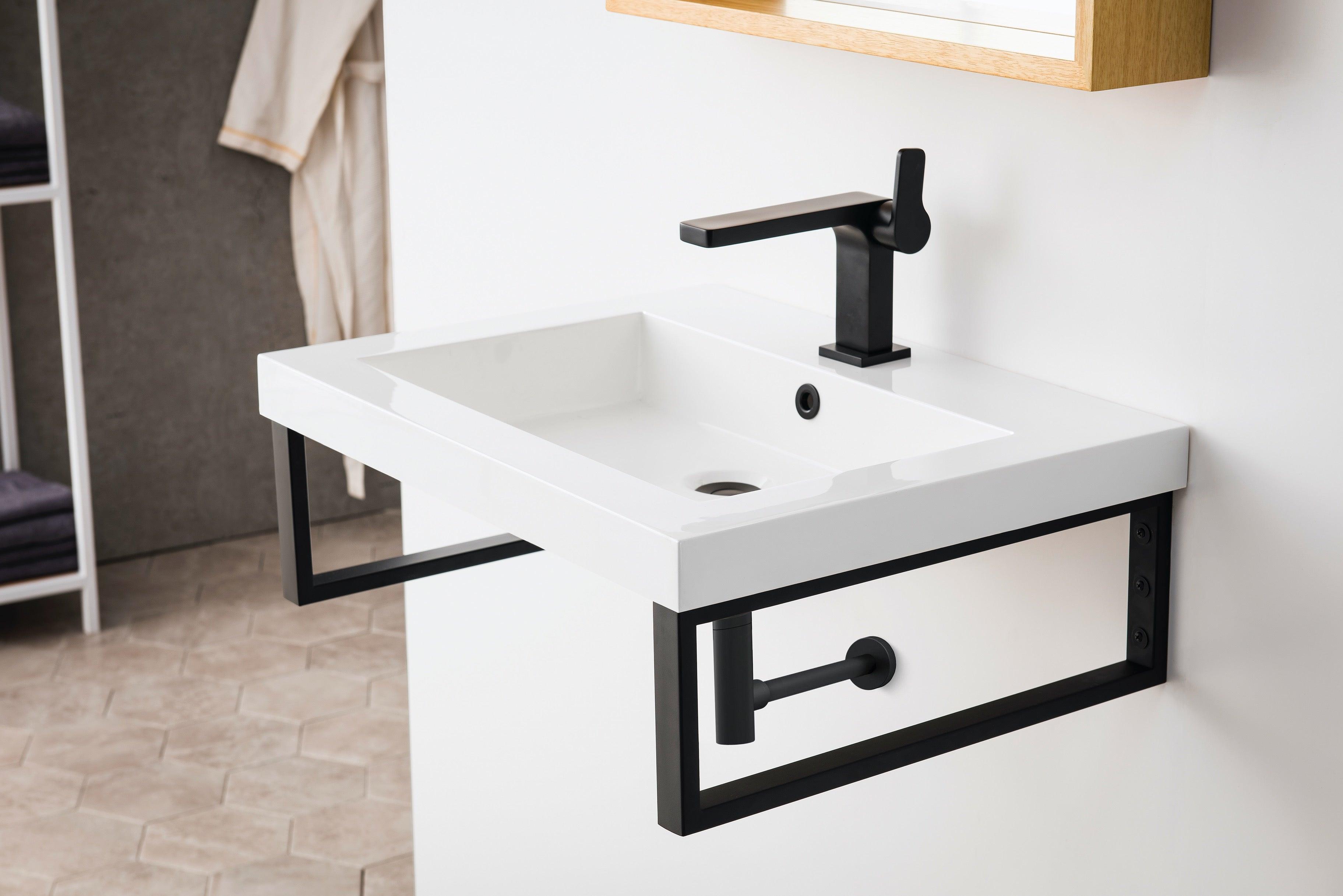 JMV Boston 23.6 inch floating sink console matte black with white composite stone countertop lifestyle side view