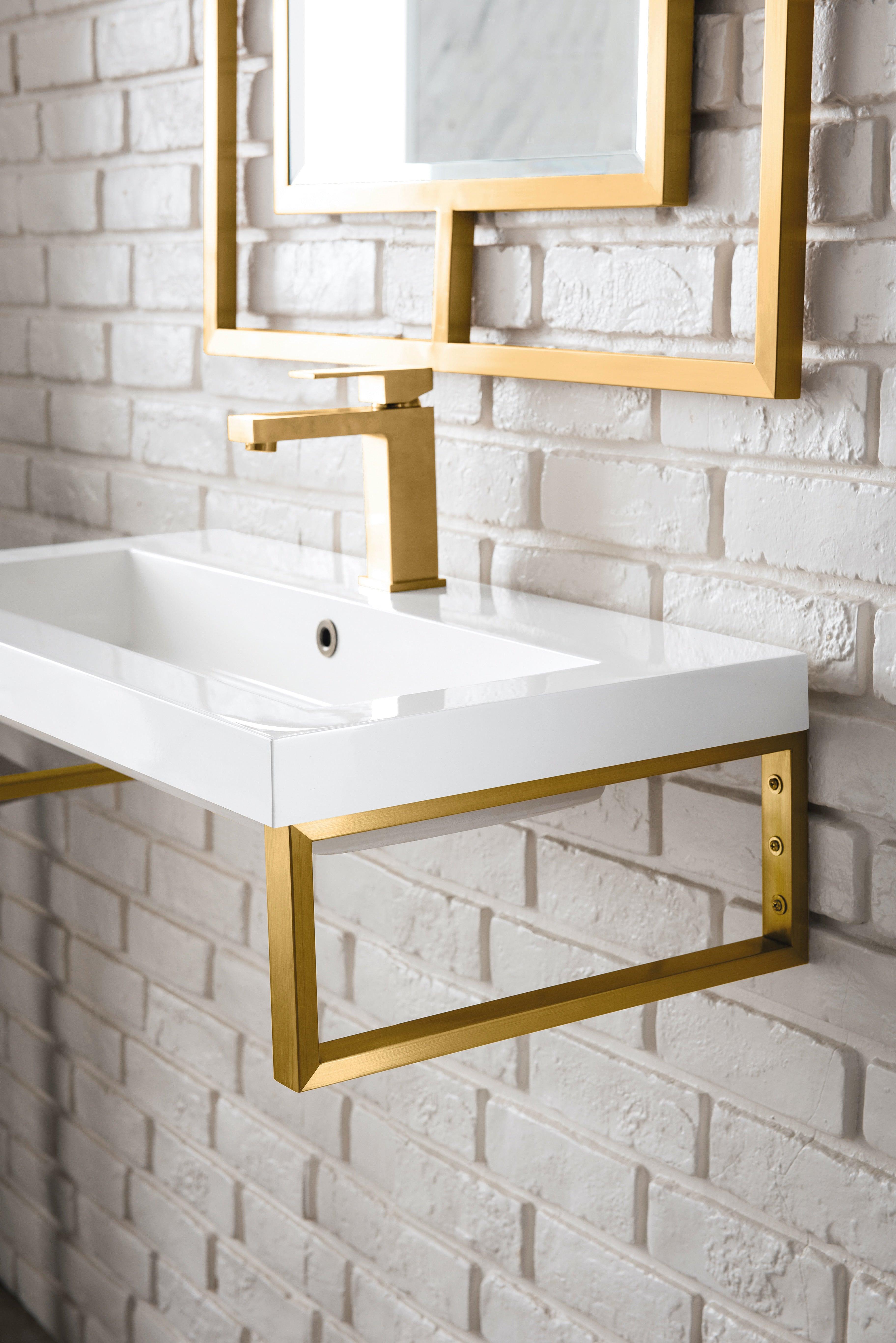 JMV Boston 31.5 inch floating sink console radiant gold with glossy white composite stone countertop lifestyle close view