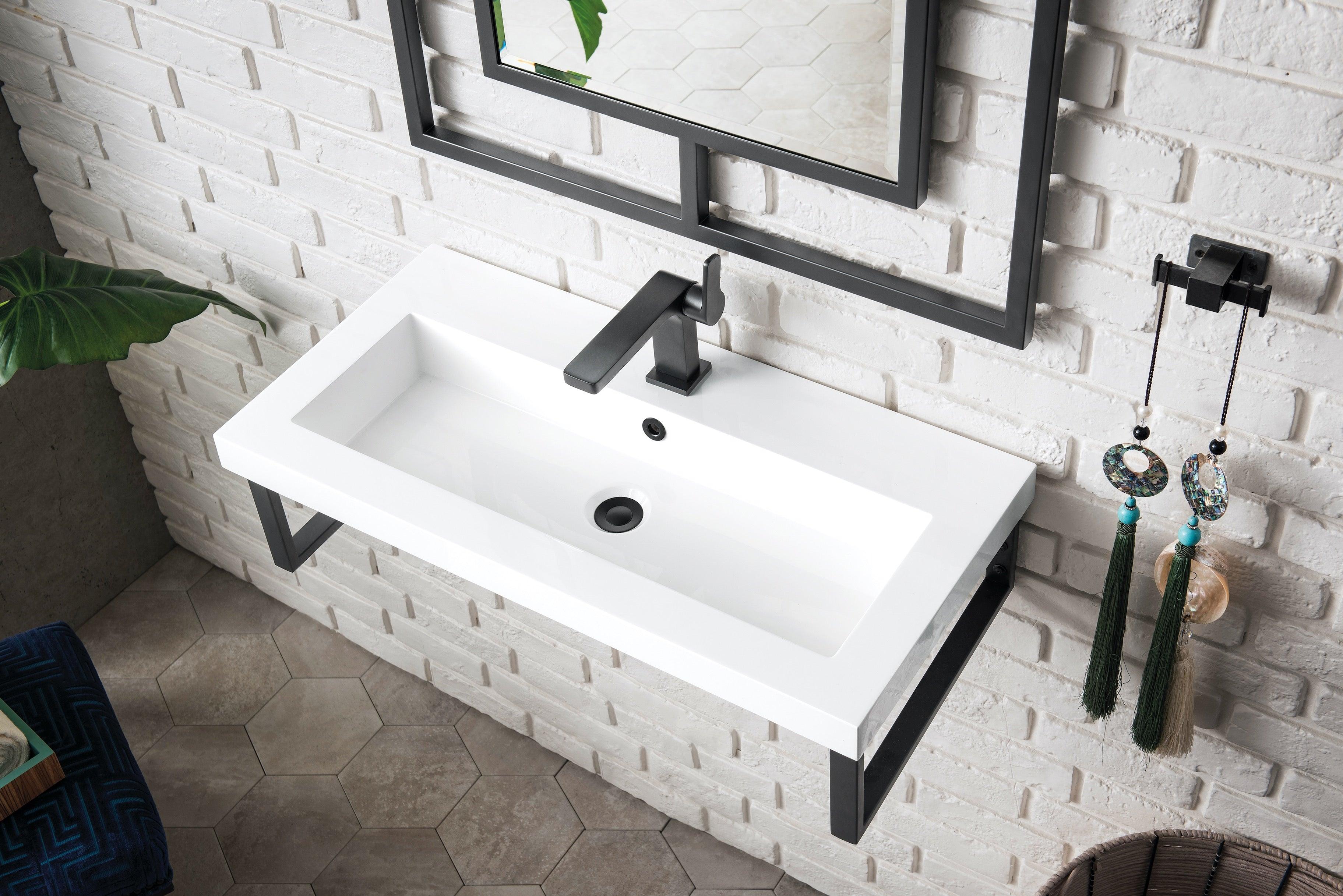 JMV Boston 31.5 inch floating sink console matte black with white composite stone countertop lifestyle top view