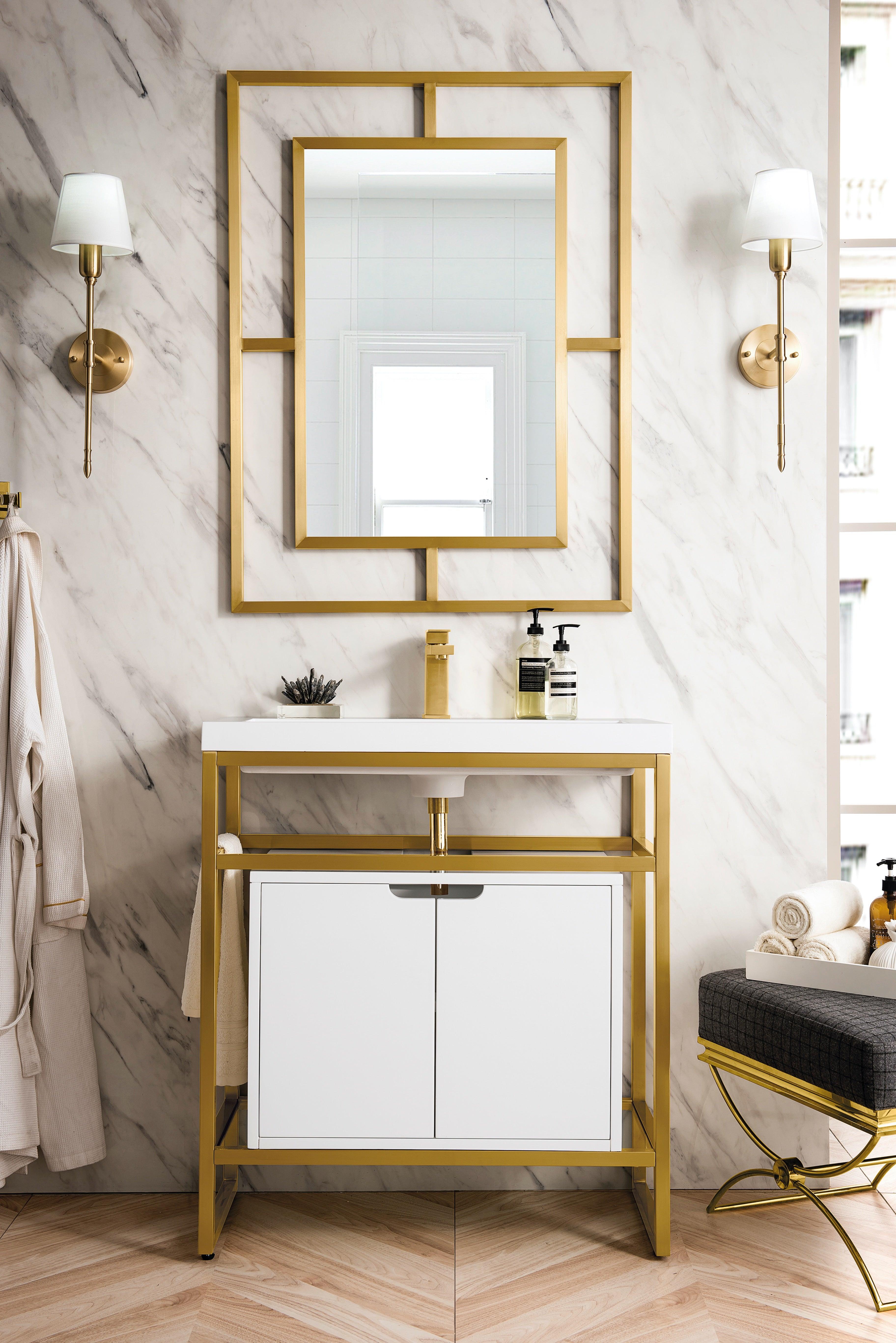 JMV Boston 31.5 inch sink console radiant gold with glossy white storage cabinet and glossy white composite stone countertop lifestyle