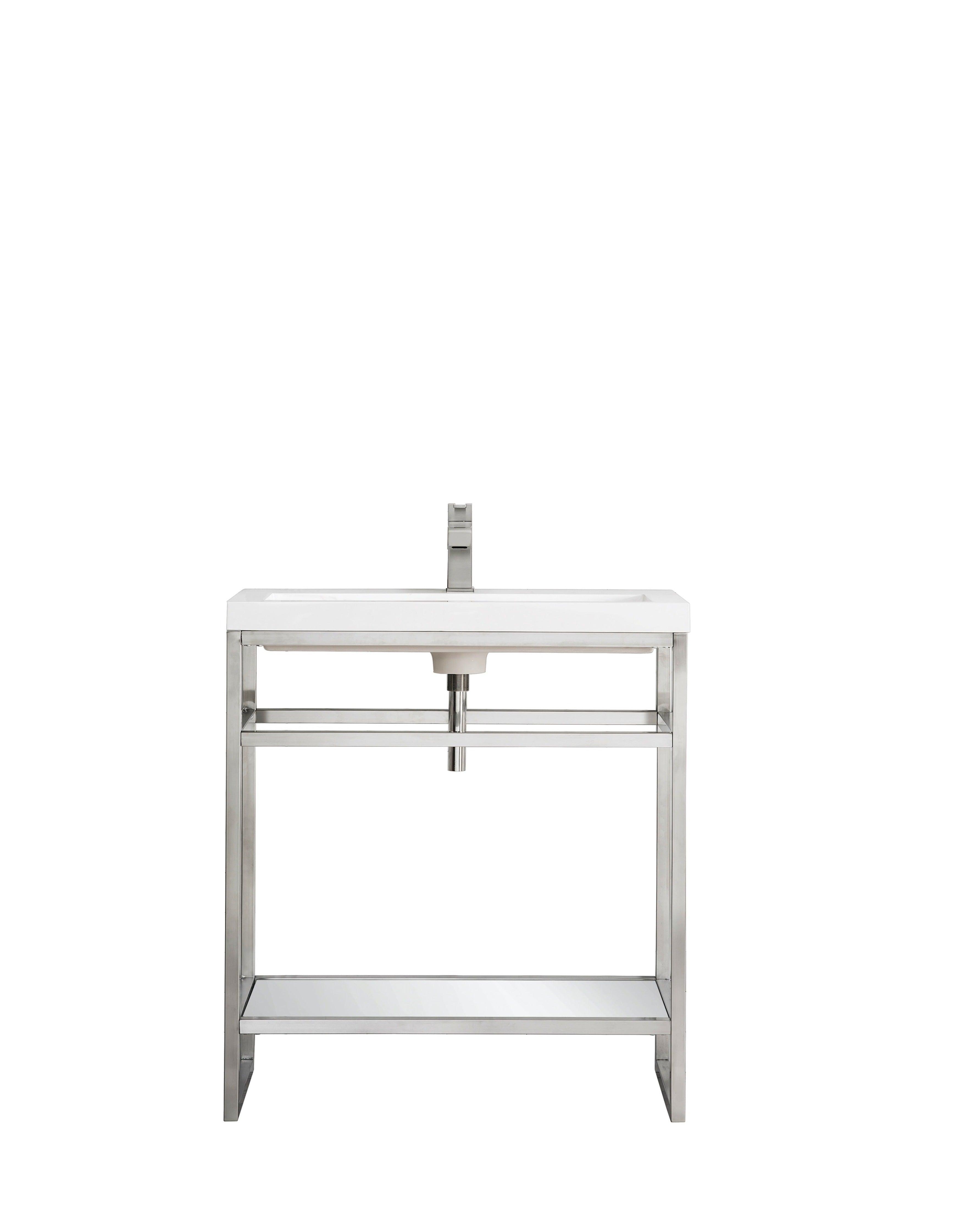 JMV Boston 31.5 inch sink console brushed nickel with glossy white composite stone countertop