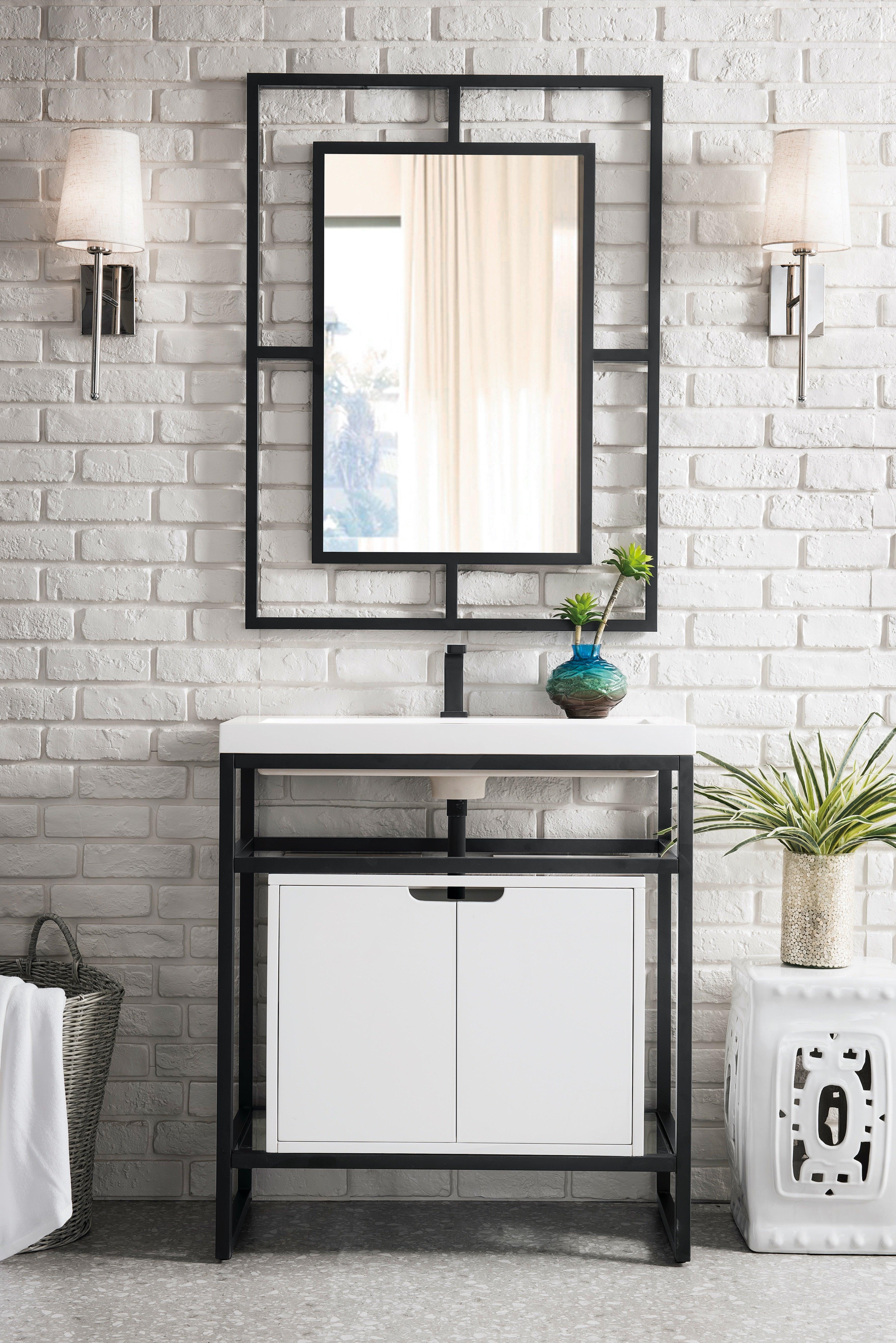 JMV Boston 31.5 inch sink console matte black with glossy white storage cabinet and glossy white composite stone countertop lifestyle