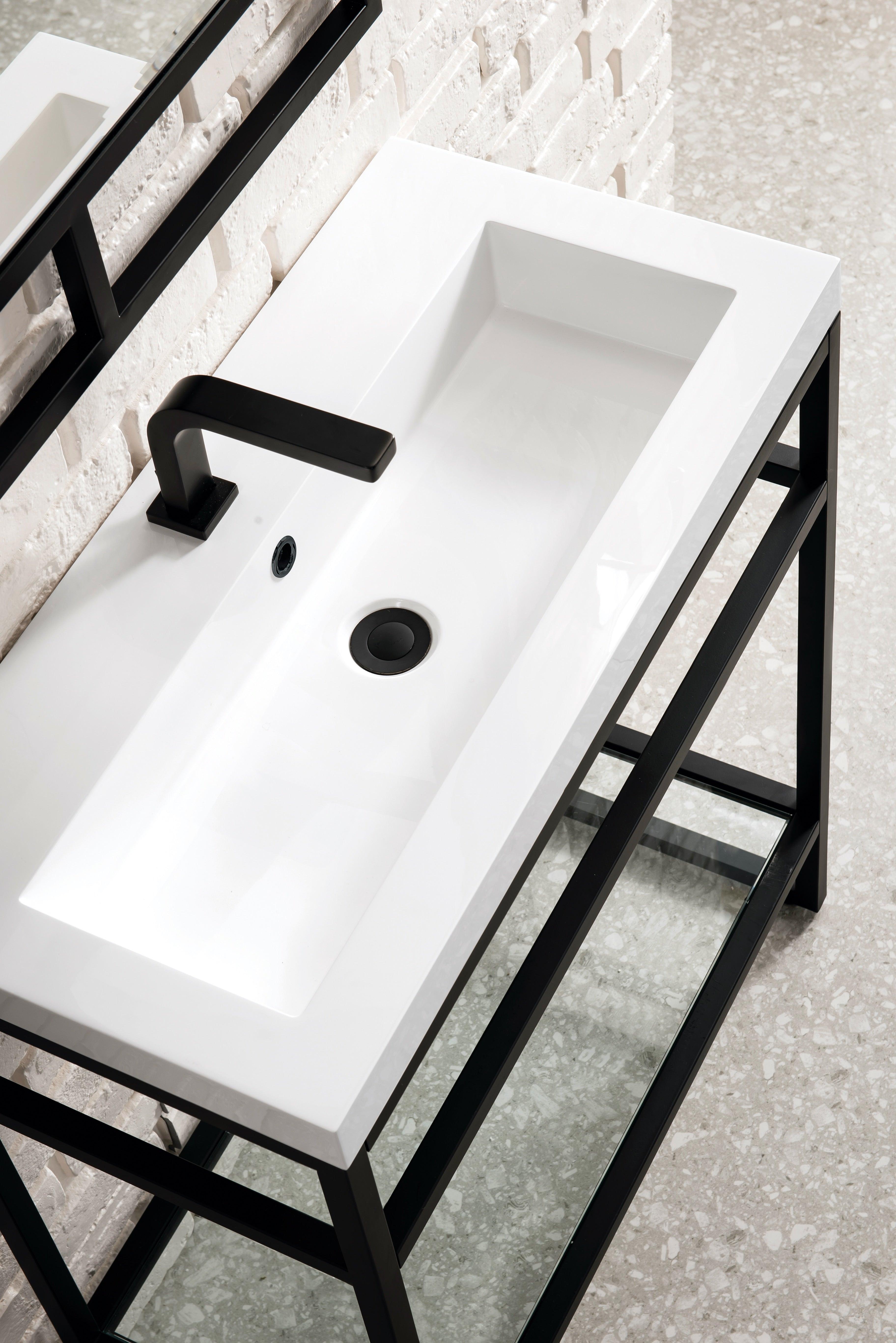 JMV Boston 31.5 inch sink console matte black with glossy white composite stone countertop lifestyle top view