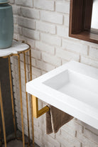 JMV Boston 39.5 inch floating sink console radiant gold with glossy white composite stone countertop lifestyle close view