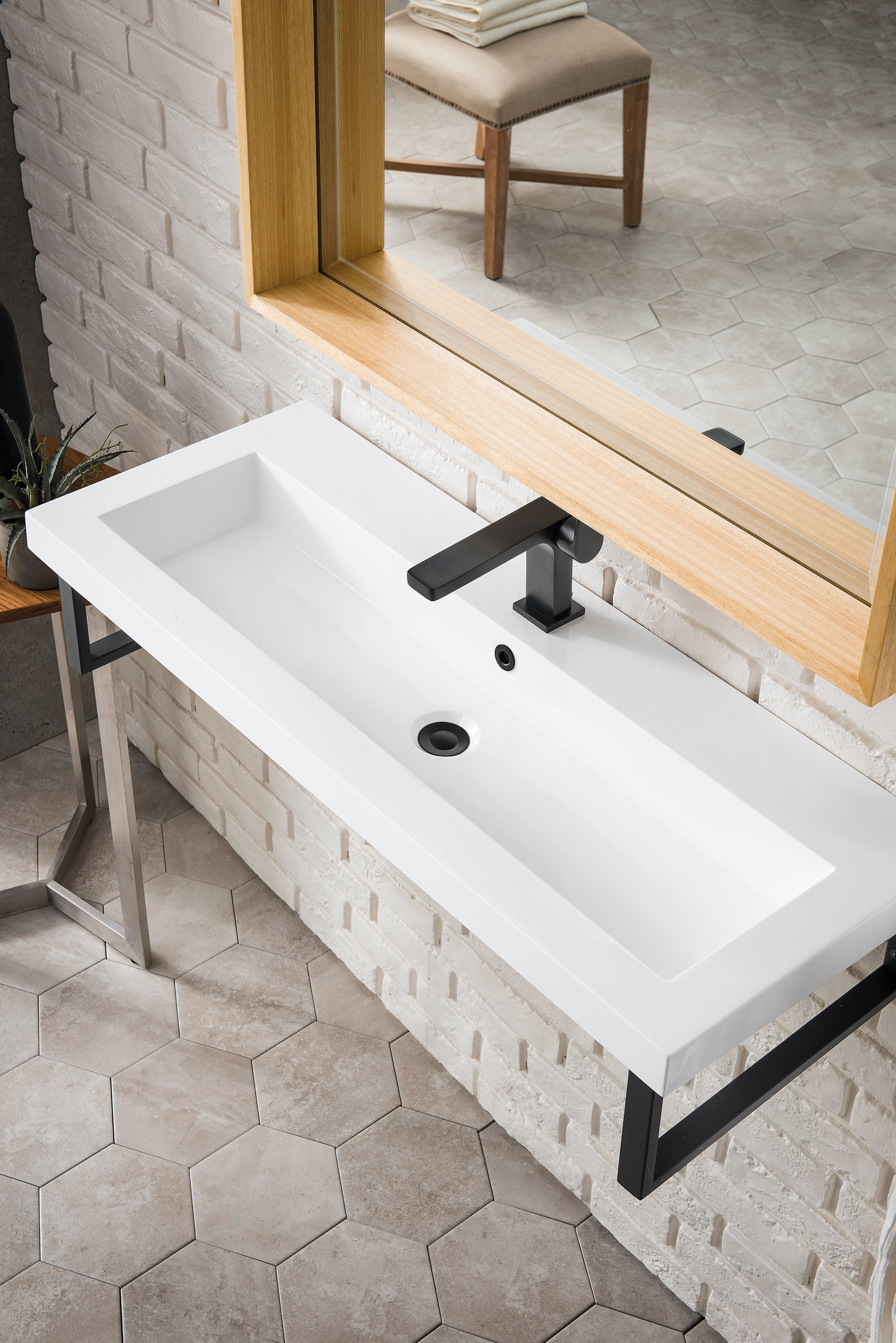 JMV Boston 39.5 inch floating sink console matte black with glossy white composite stone countertop lifestyle top view