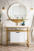 JMV Boston 39.5 inch sink console radiant gold with glossy white storage cabinet and glossy white composite stone countertop lifestyle