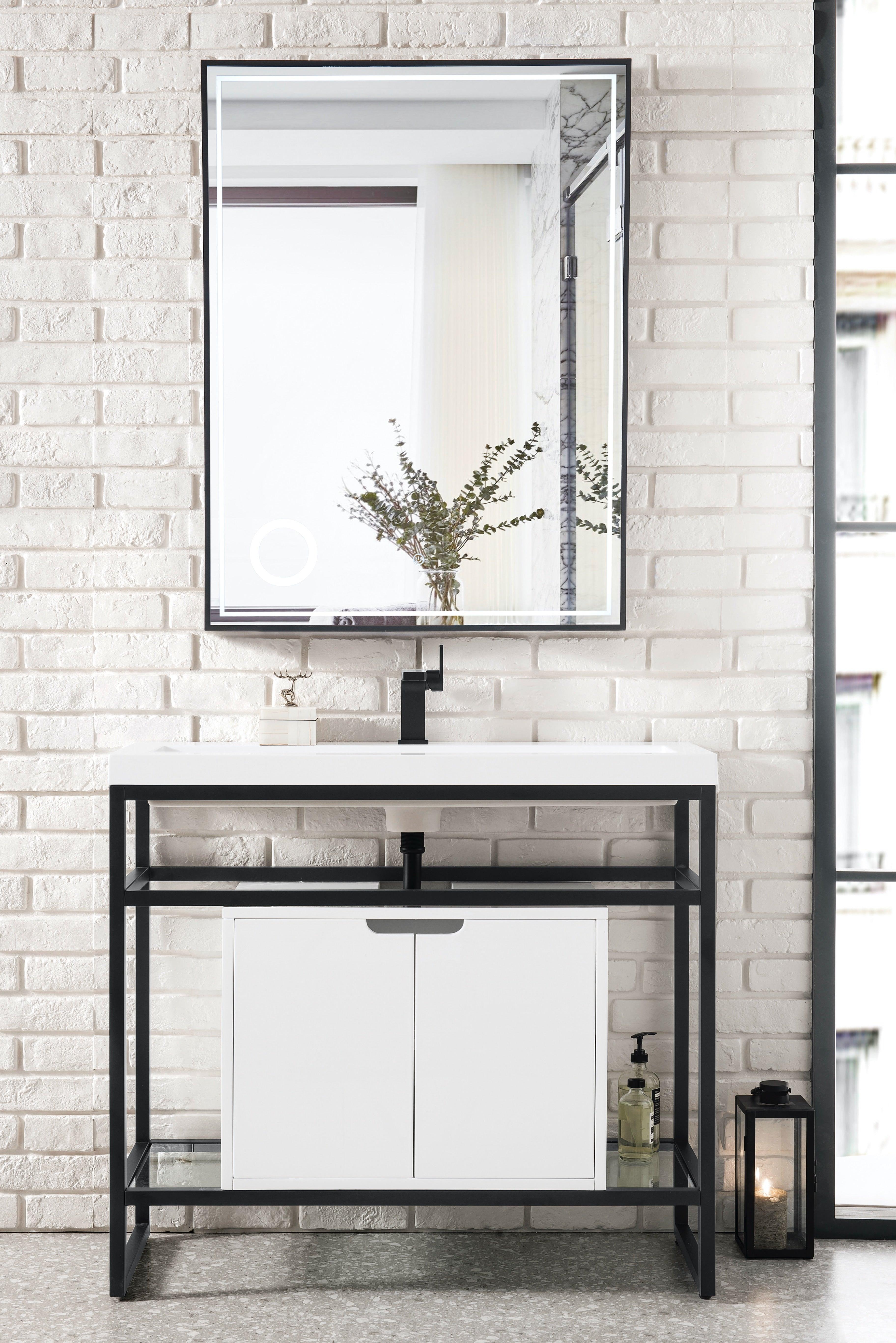 JMV Boston 39.5 inch sink console matte black with glossy white storage cabinet and glossy white composite stone countertop lifestyle