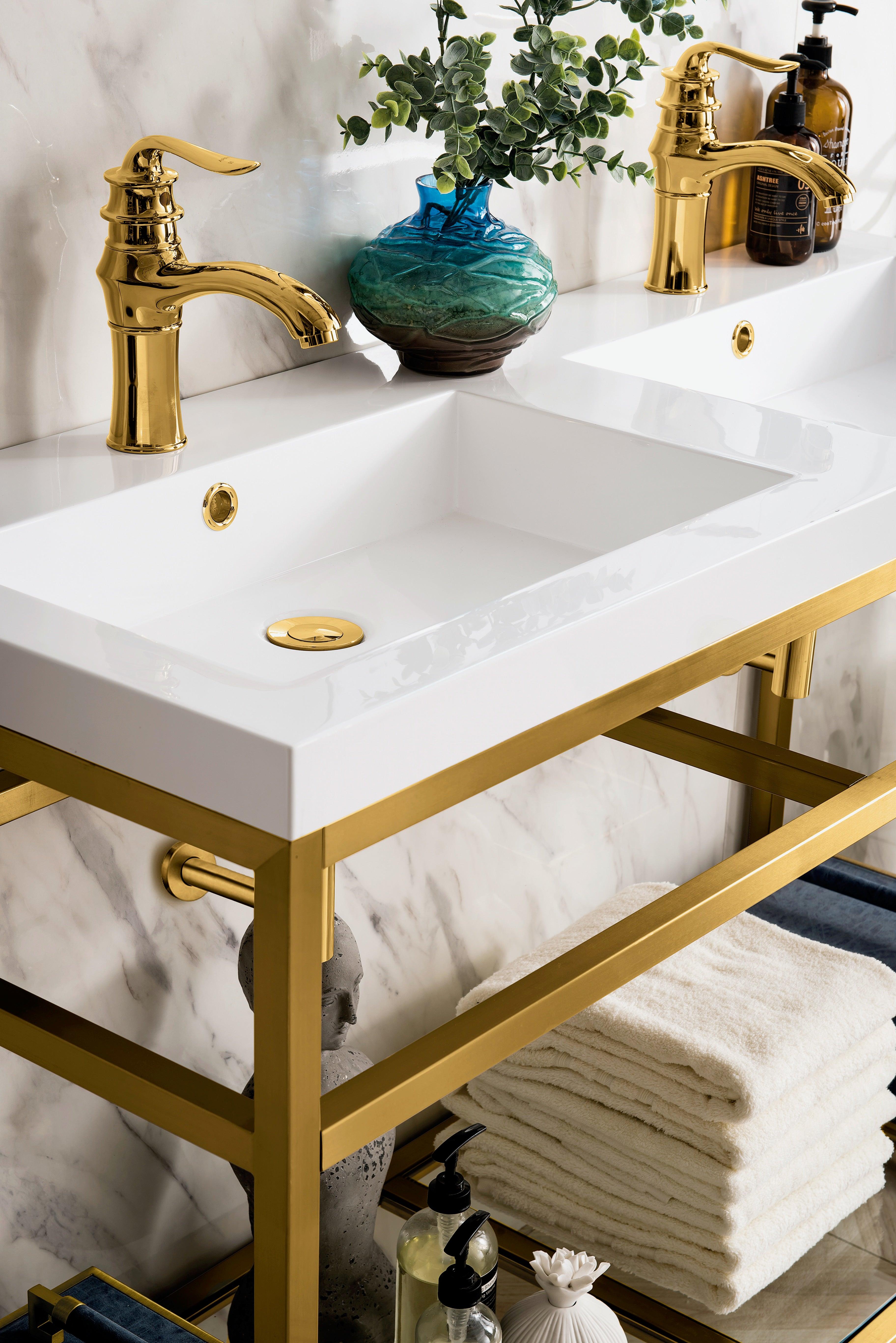 JMV Boston 47 inch double sink console radiant gold with glossy white composite stone countertop lifestyle close view