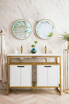 JMV Boston 47 inch double sink console radiant gold with two glossy white storage cabinets and glossy white composite stone countertop lifestyle