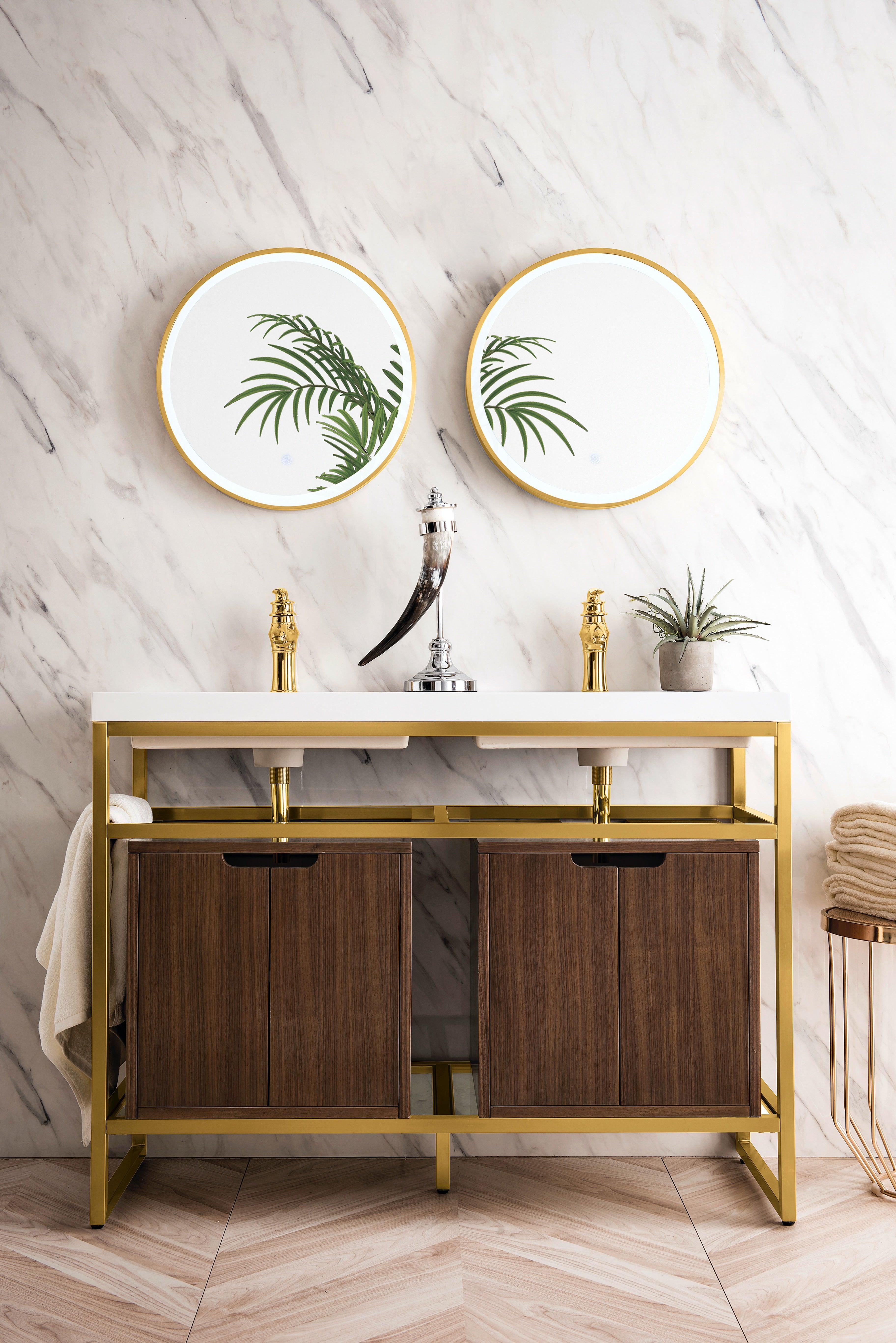 JMV Boston 47 inch double sink console radiant gold with two mid century acacia storage cabinets and glossy white composite stone countertop lifestyle