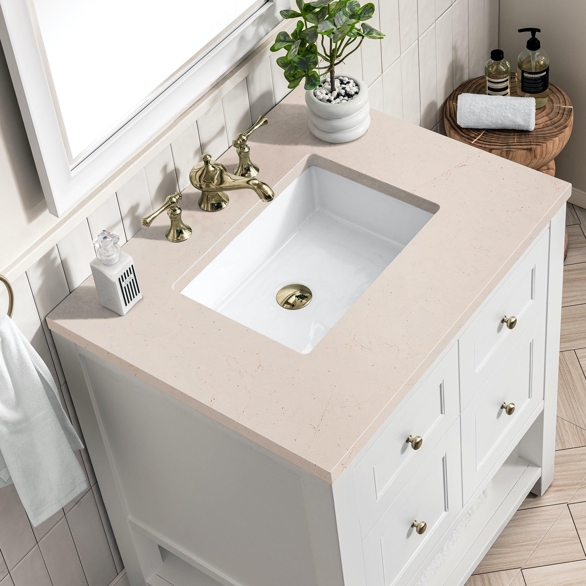 JMV Breckenridge 30 inch vanity bright white with eternal marfil quartz countertop 