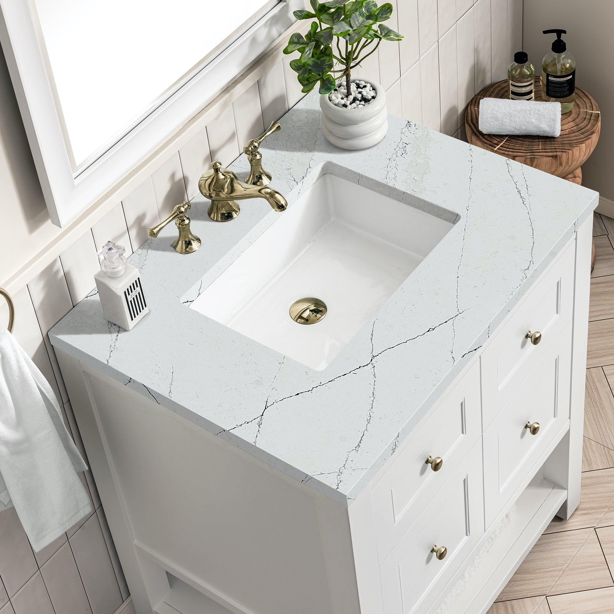 JMV Breckenridge 30 inch vanity bright white with ethereal noctis quartz countertop 