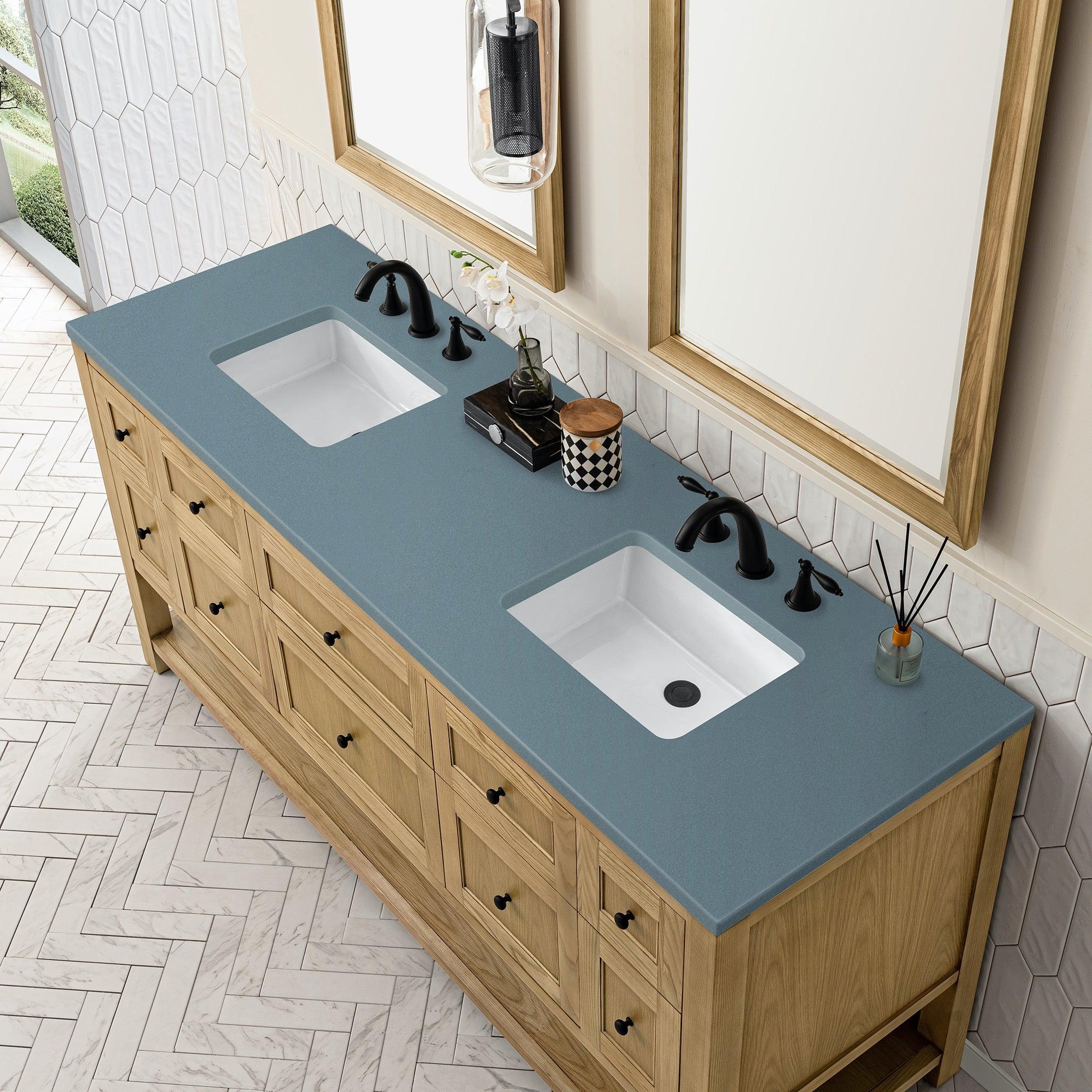 JMV Breckenridge 72 inch vanity light natural oak with cala blue quartz countertop 