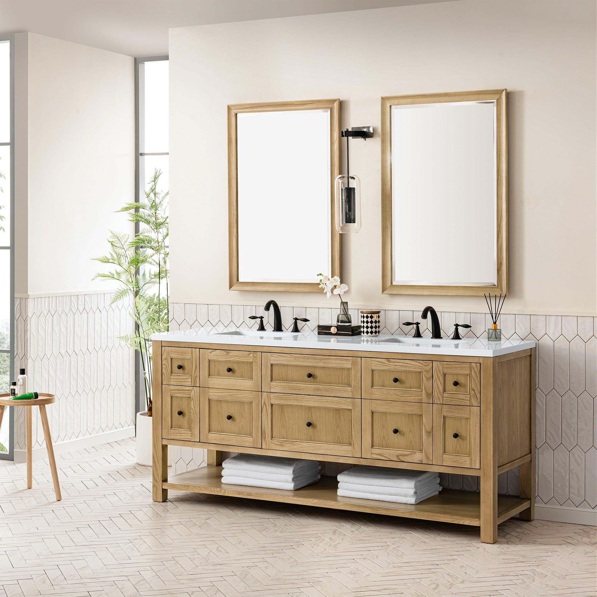 JMV Breckenridge 72 inch vanity light natural oak with white zeus quartz countertop lifestyle side view