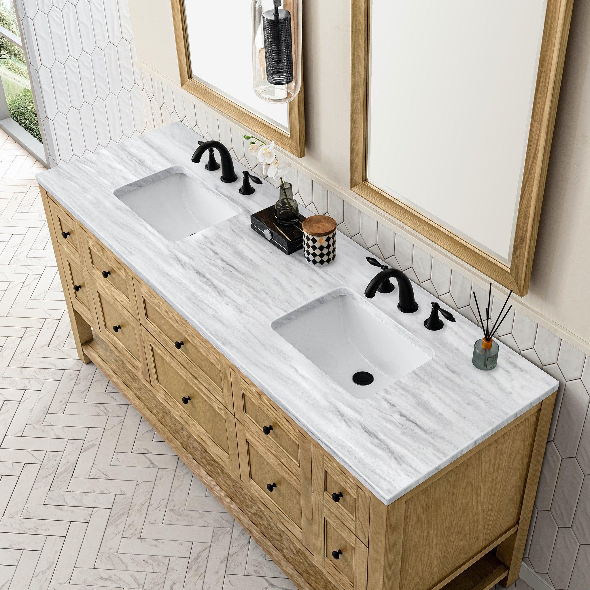 JMV Breckenridge 72 inch vanity light natural oak with arctic fall solid surface countertop 