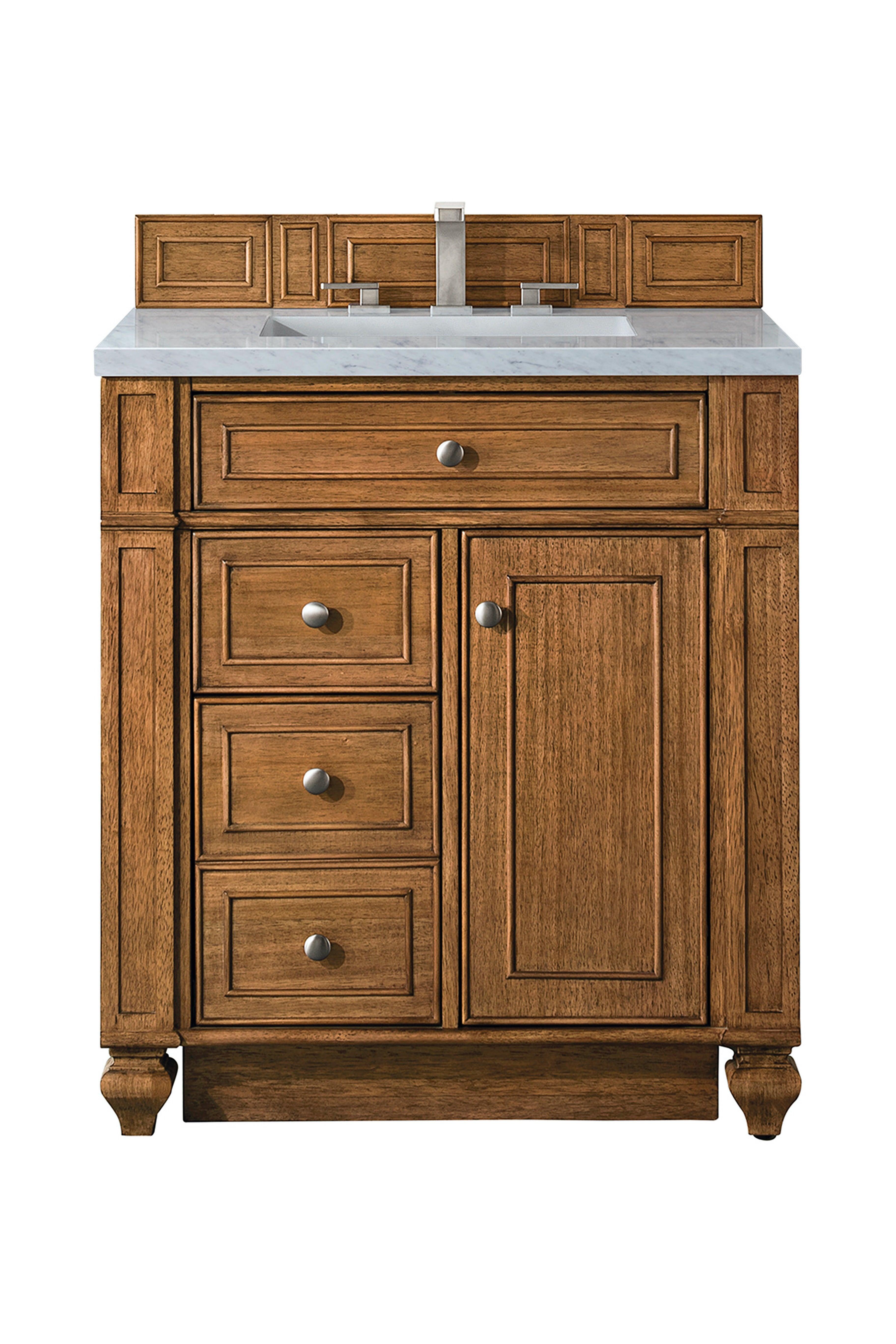 JMV Bristol 30 inch vanity saddle brown with arctic fall solid surface countertop 