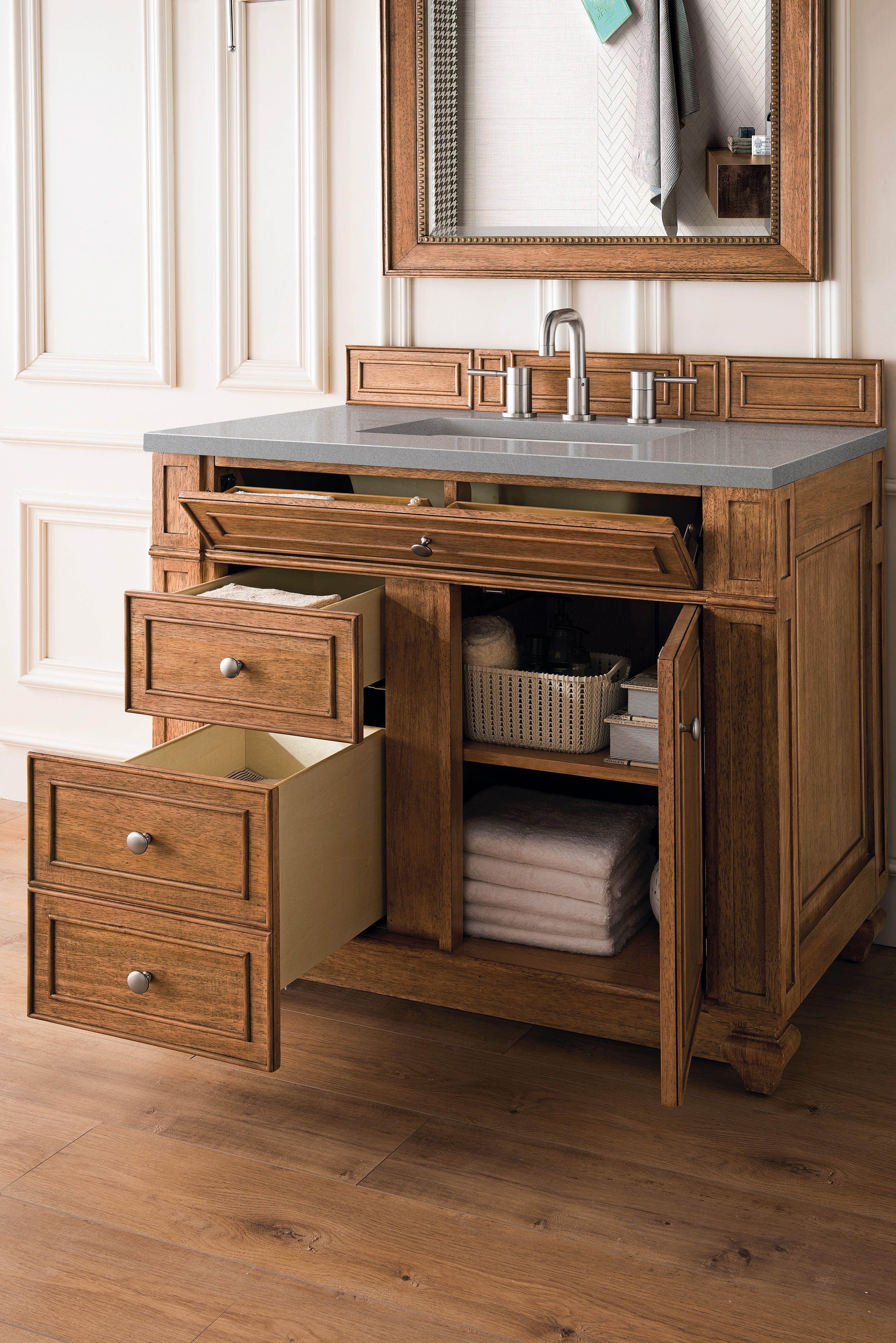 JMV Bristol 36 inch single vanity saddle brown with gray expo quartz countertop drawers open