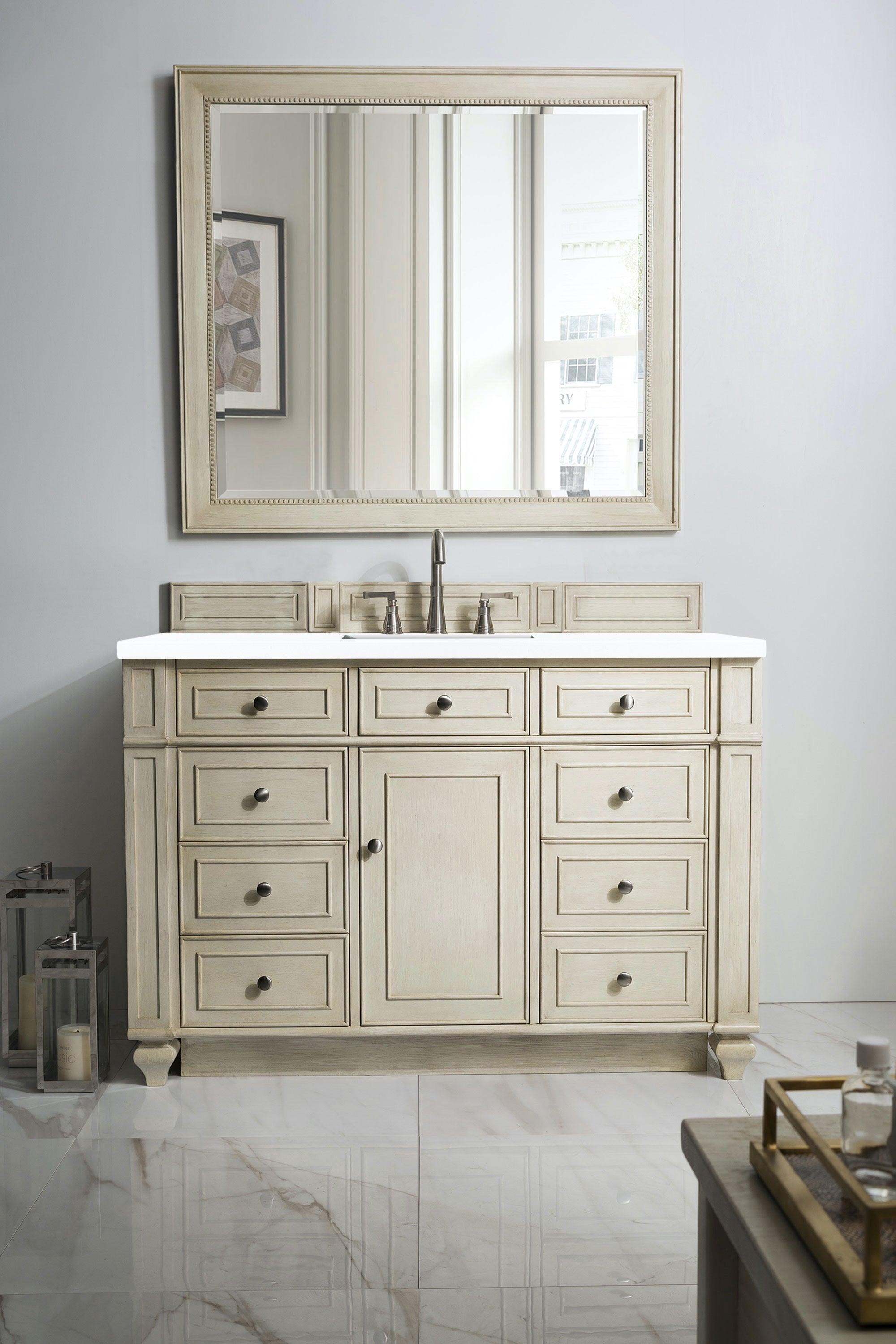 JMV Bristol 48 inch vanity vintage vanilla with white zeus quartz countertop lifestyle