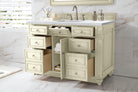 JMV Bristol 48 inch vanity vintage vanilla with arctic fall solid surface countertop lifestyle open view