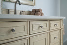 JMV Bristol 48 inch vanity vintage vanilla with white zeus quartz countertop lifestyle close view