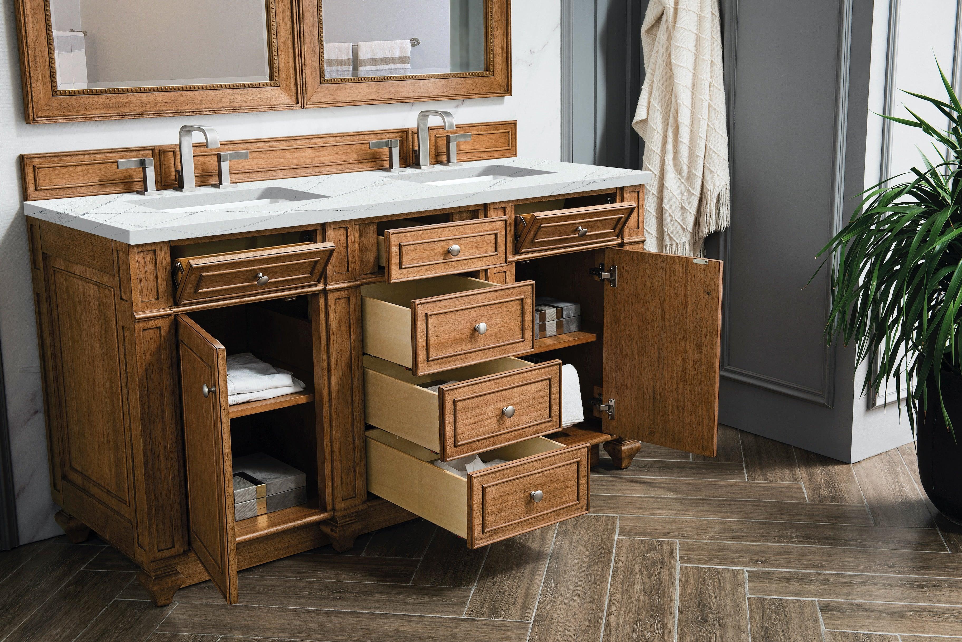 JMV Bristol 60 inch double vanity saddle brown with ethereal noctis quartz countertop open view