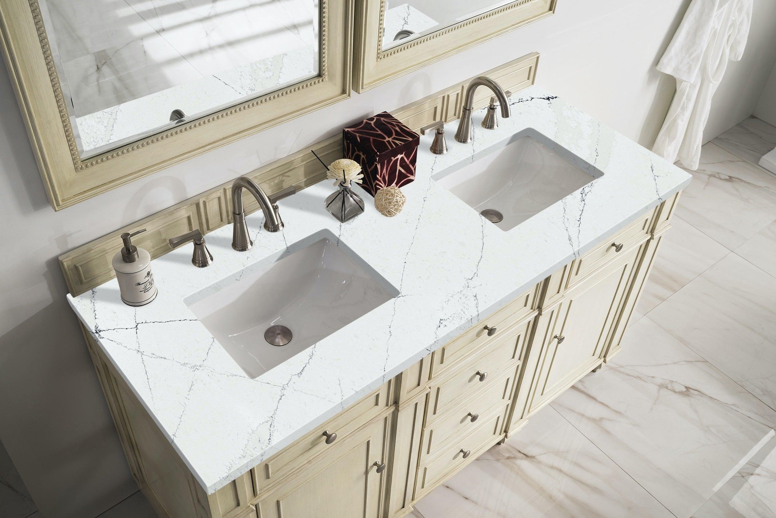 JMV Bristol 60 inch double vanity vintage vanilla with ethereal noctis quartz countertop 