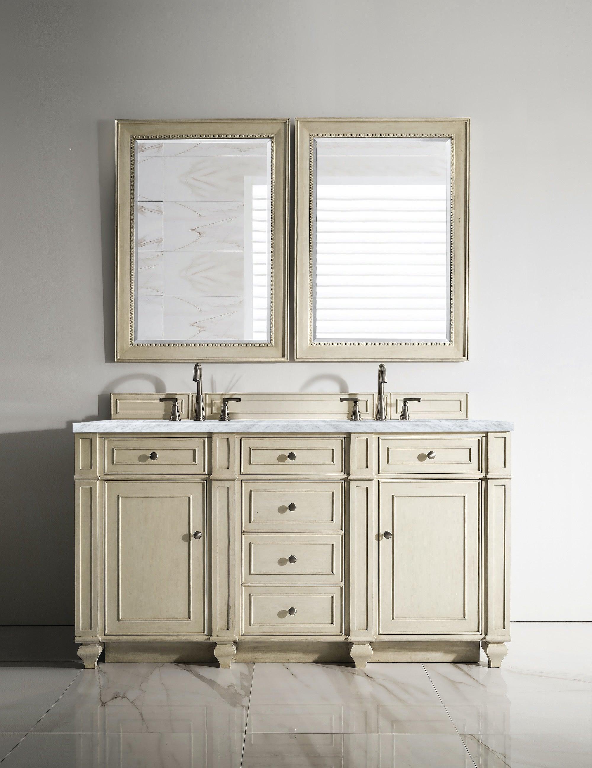 JMV Bristol 60 inch double vanity vintage vanilla with white carrara marble countertop lifestyle