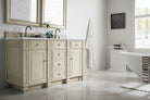 JMV Bristol 60 inch double vanity vintage vanilla with white carrara marble countertop lifestyle side view