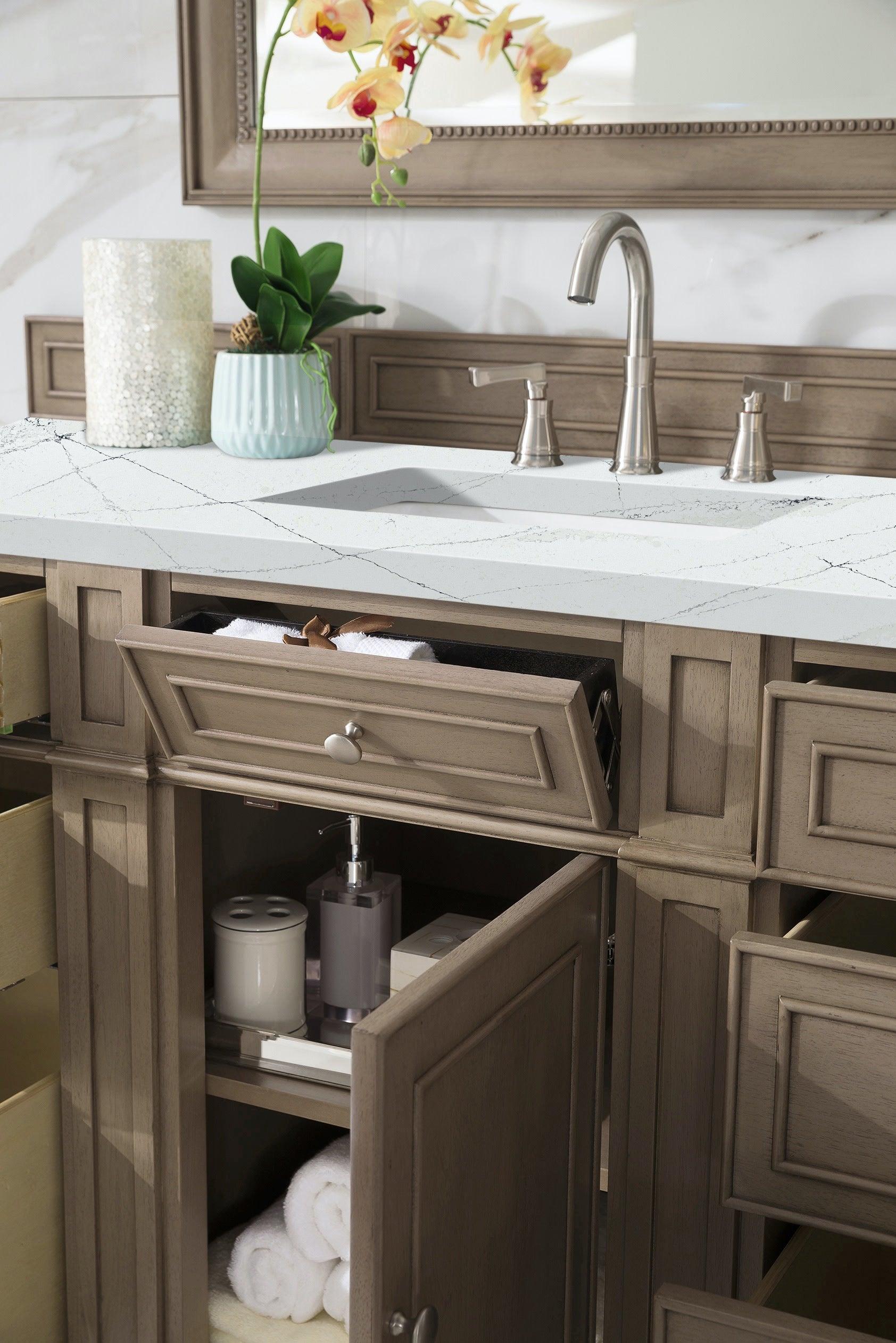 JMV Bristol 60 inch vanity whitewashed walnut with ethereal noctis quartz countertop open view