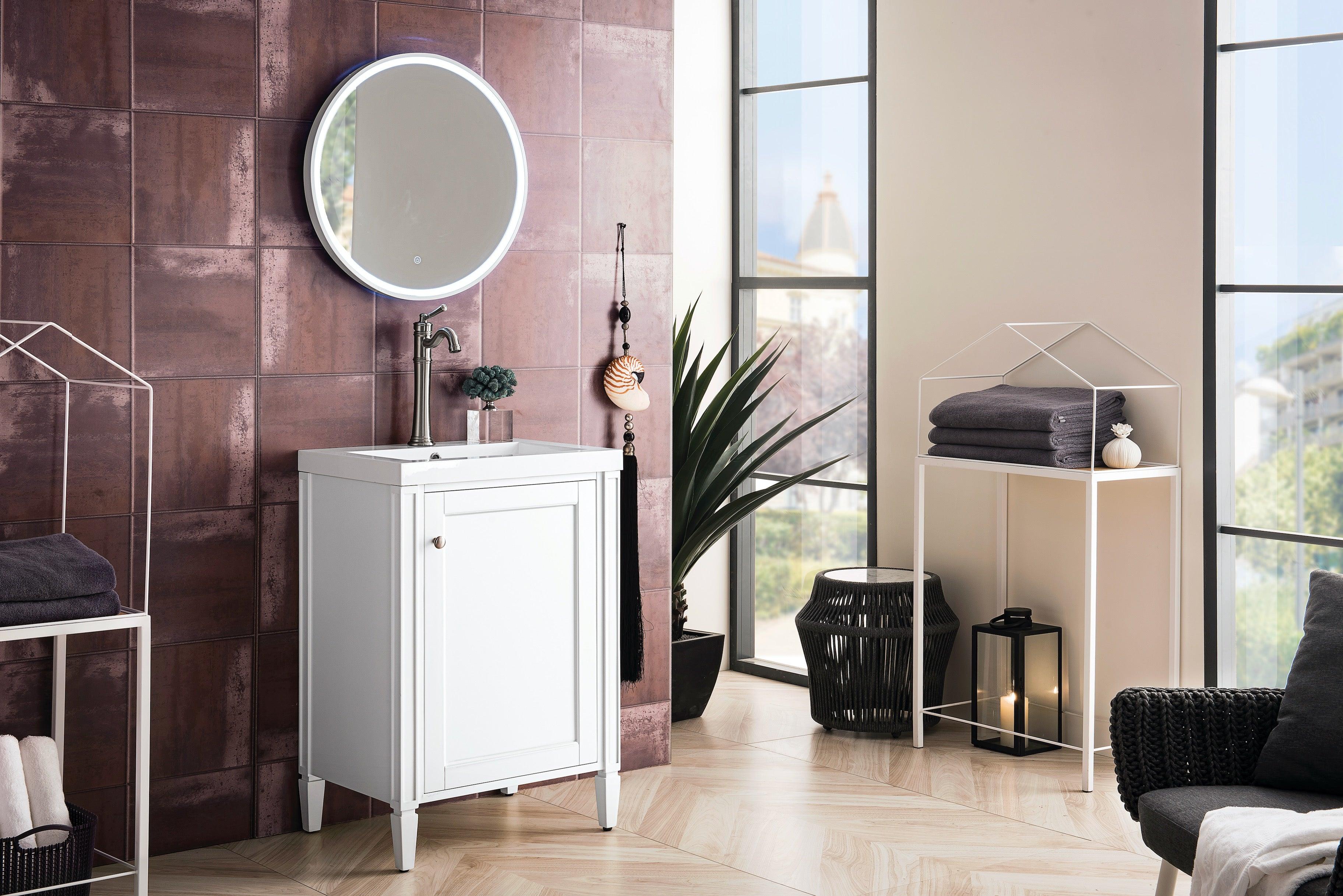 JMV Britannia 24 inch vanity glossy white with glossy white composite stone countertop lifestyle side view