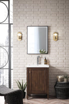 JMV Britannia 24 inch vanity mid century acacia with glossy white composite stone countertop lifestyle