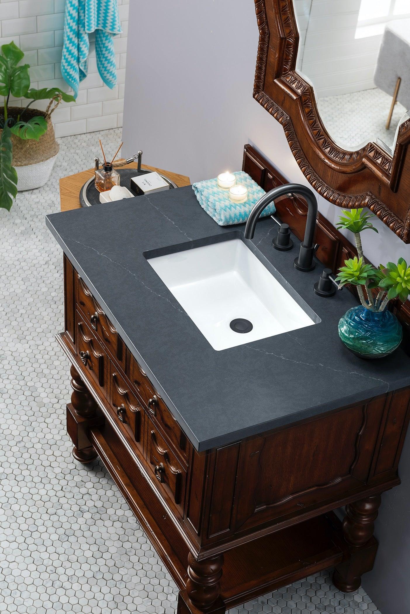 JMV Castilian 36 inch vanity aged cognac with charcoal soapstone quartz countertop 