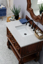 JMV Castilian 36 inch vanity aged cognac with eternal jasmine pearl quartz countertop 