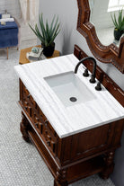 JMV Castilian 36 inch vanity aged cognac with arctic fall solid surface countertop 